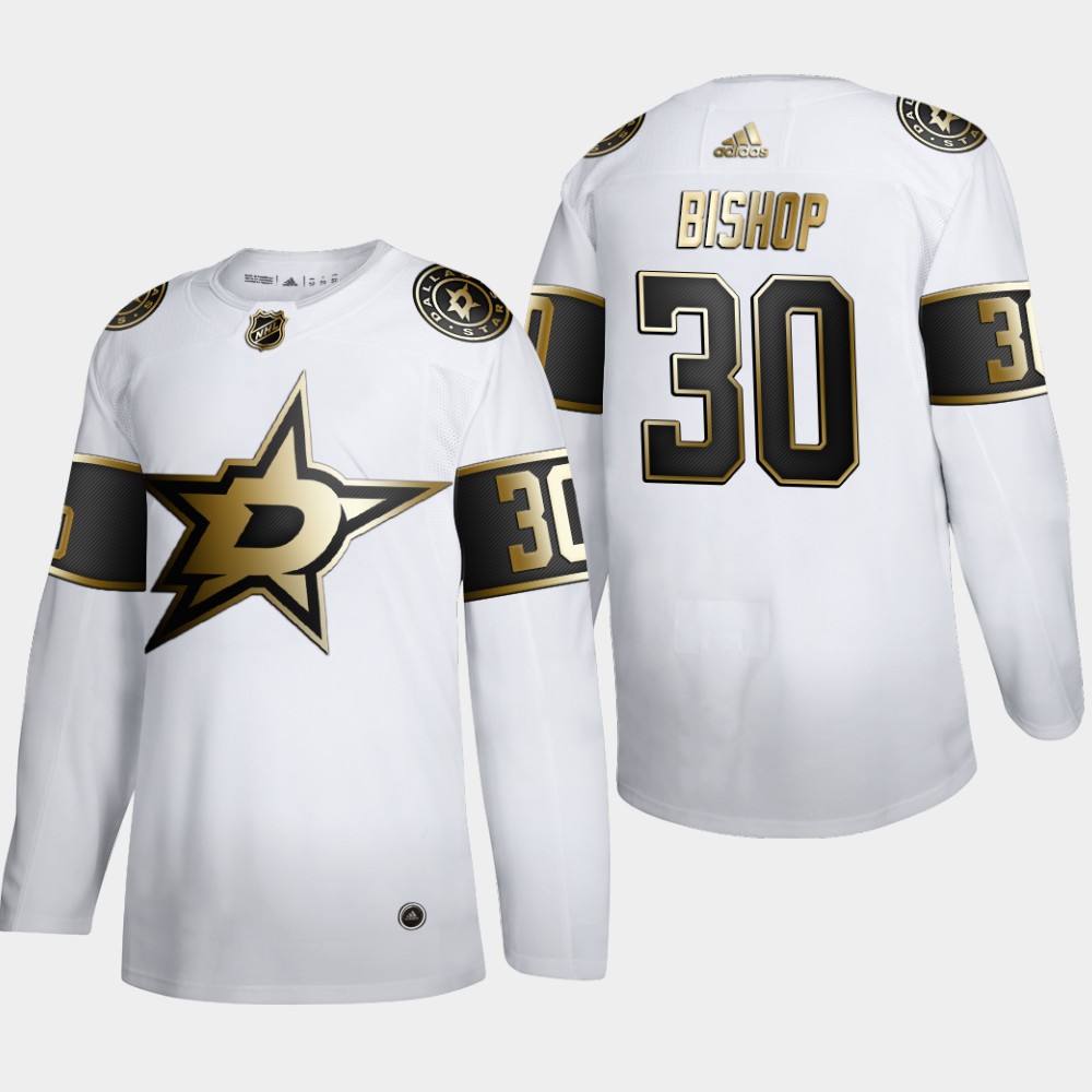 Dallas Stars 30 Ben Bishop Men Adidas White Golden Edition Limited Stitched NHL Jersey
